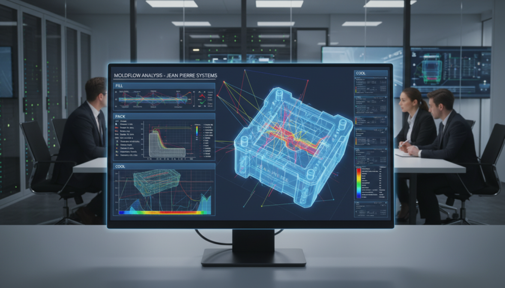 A detailed and technical representation of MoldFlow analysis types for injection simulation. In the foreground, showcase a high-resolution computer screen displaying intricate MoldFlow simulation diagrams and data visualizations. The middle layer should depict a virtual 3D model of a mold cavity with highlighted flow paths and thermal analysis data. In the background, include an office environment with professionals in business attire analyzing the results, surrounded by modern technology. Utilize bright, focused lighting illuminating the screen while casting subtle shadows for depth. The angle should be slightly above eye level, emphasizing collaboration and concentration. Create a professional and innovative atmosphere, evoking a sense of precision and advanced technology. The image should feature the brand name "Jean Pierre" subtly integrated into the design elements.