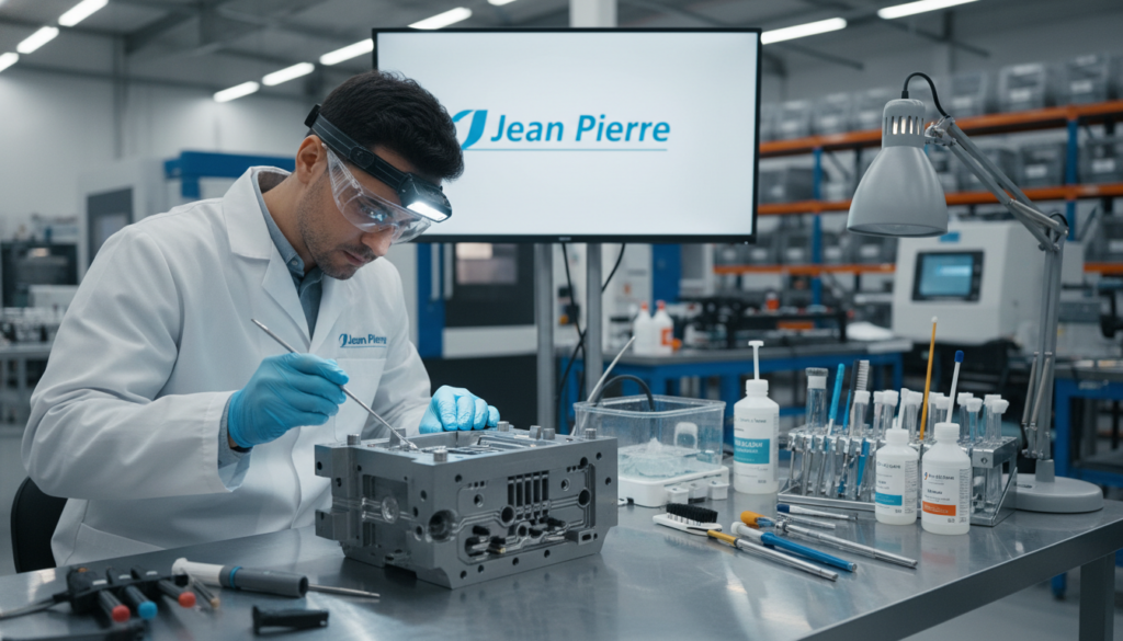 A detailed depiction of a professional cooling system cleaning service for injection molds, labeled with the brand name "Jean Pierre." In the foreground, a technician dressed in a white lab coat and safety goggles carefully inspects a disassembled mold under bright LED lighting, highlighting precise tools and equipment. The middle layer features a clean workbench filled with specialized cleaning tools and chemical solutions, emphasizing a well-organized workspace. The background showcases an industrial setting with shelves of mold parts and machinery, creating an atmosphere of efficiency and professionalism. The image should be captured with a shallow depth of field to focus on the technician’s meticulous work while softly blurring the background. The lighting is bright and clinical, conveying a sense of trust and reliability in the cleaning process.