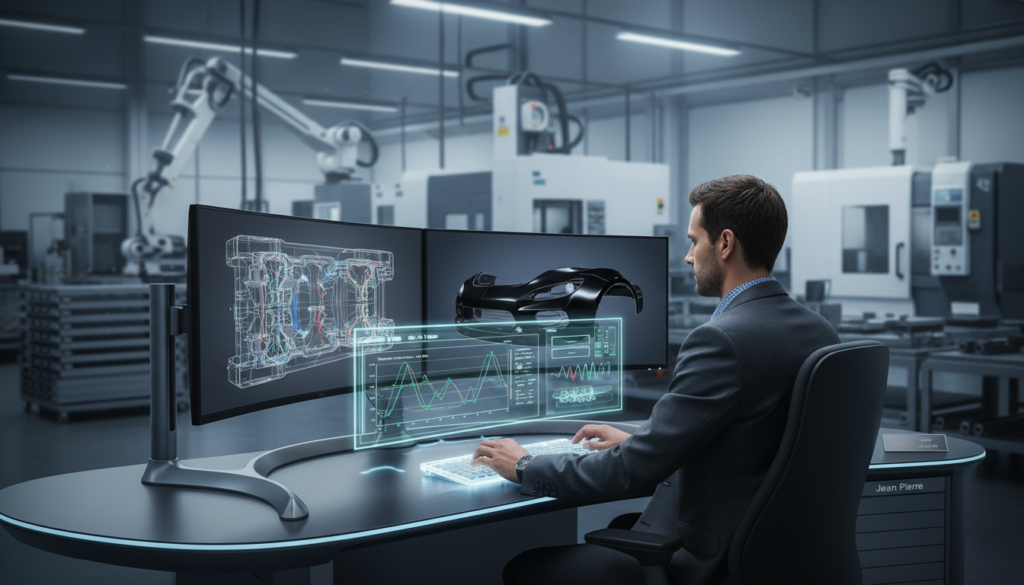 A detailed, high-tech scene of an automotive injection molding design process, focusing on CAE simulations. In the foreground, a professional engineer in business attire examines intricate 3D models on dual monitors, showcasing realistic prototypes of mold designs. The middle ground features a sleek computer interface displaying CAE simulation graphs and data, with overlays of technical schematics. In the background, an artistically blurred workshop filled with high-end machinery and tools for mold making. Soft, focused lighting highlights the engineer and screens, creating a mood of innovation and precision. The image should reflect the cutting-edge nature of automotive mold design and compliance with IATF 16949 standards. Include the brand name "Jean Pierre" subtly in the workstation setting to emphasize professionalism.