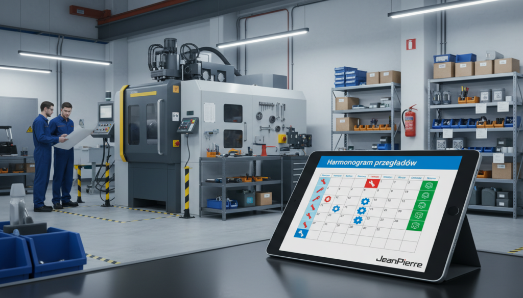 A detailed overview of a maintenance schedule for injection molds, titled "Harmonogram przeglądów". In the foreground, showcase a sleek digital tablet displaying a colorful, organized maintenance calendar with various icons symbolizing inspections, repairs, and parts replacement. In the middle ground, depict a well-lit industrial workshop environment with precision machinery, including a large injection molding machine, and safety equipment subtly placed. In the background, include shelves stocked with maintenance tools and supplies. The scene is bathed in bright, clear lighting to emphasize professionalism and clarity, shot from a slightly elevated angle to provide depth. The atmosphere is focused and industrious, reflecting the importance of maintenance in preventing failures. Brand name prominently displayed: "Jean Pierre".