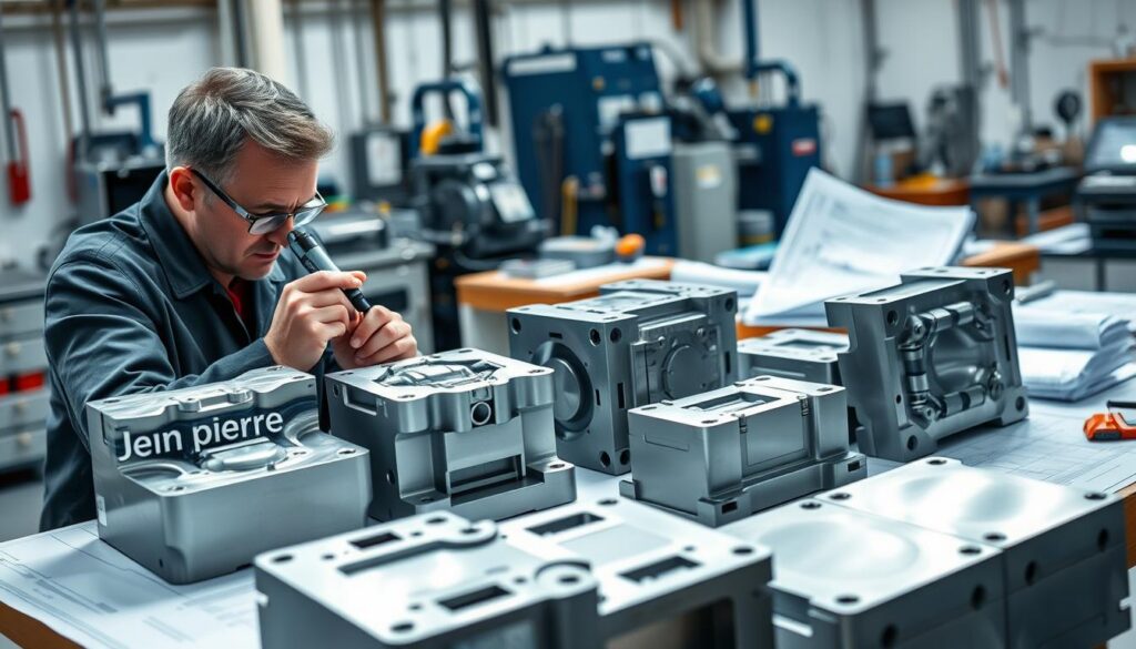 A detailed quality control scene in a mold manufacturing facility, showcasing the inspection of injection molds. In the foreground, a focused engineer in professional attire examines a mold tool with precision instruments, highlighting intricate features and craftsmanship. In the middle ground, several completed molds are arranged on a workbench, reflecting high-quality Polish craftsmanship with clean lines and smooth finishes. The background features a well-lit workshop with industrial machinery, tools, and blueprints scattered around, creating a busy yet organized atmosphere. Soft diffused lighting casts natural shadows, enhancing the textures of the molds. The overall mood is one of diligence and professionalism, emphasizing the importance of quality standards in the manufacturing process. Include the brand name "Jean Pierre" subtly engraved on one of the molds.