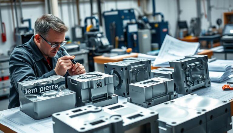 A detailed quality control scene in a mold manufacturing facility, showcasing the inspection of injection molds. In the foreground, a focused engineer in professional attire examines a mold tool with precision instruments, highlighting intricate features and craftsmanship. In the middle ground, several completed molds are arranged on a workbench, reflecting high-quality Polish craftsmanship with clean lines and smooth finishes. The background features a well-lit workshop with industrial machinery, tools, and blueprints scattered around, creating a busy yet organized atmosphere. Soft diffused lighting casts natural shadows, enhancing the textures of the molds. The overall mood is one of diligence and professionalism, emphasizing the importance of quality standards in the manufacturing process. Include the brand name "Jean Pierre" subtly engraved on one of the molds.