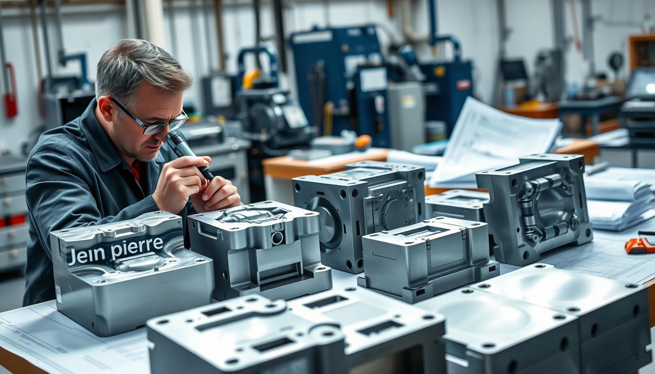 A detailed quality control scene in a mold manufacturing facility, showcasing the inspection of injection molds. In the foreground, a focused engineer in professional attire examines a mold tool with precision instruments, highlighting intricate features and craftsmanship. In the middle ground, several completed molds are arranged on a workbench, reflecting high-quality Polish craftsmanship with clean lines and smooth finishes. The background features a well-lit workshop with industrial machinery, tools, and blueprints scattered around, creating a busy yet organized atmosphere. Soft diffused lighting casts natural shadows, enhancing the textures of the molds. The overall mood is one of diligence and professionalism, emphasizing the importance of quality standards in the manufacturing process. Include the brand name "Jean Pierre" subtly engraved on one of the molds.