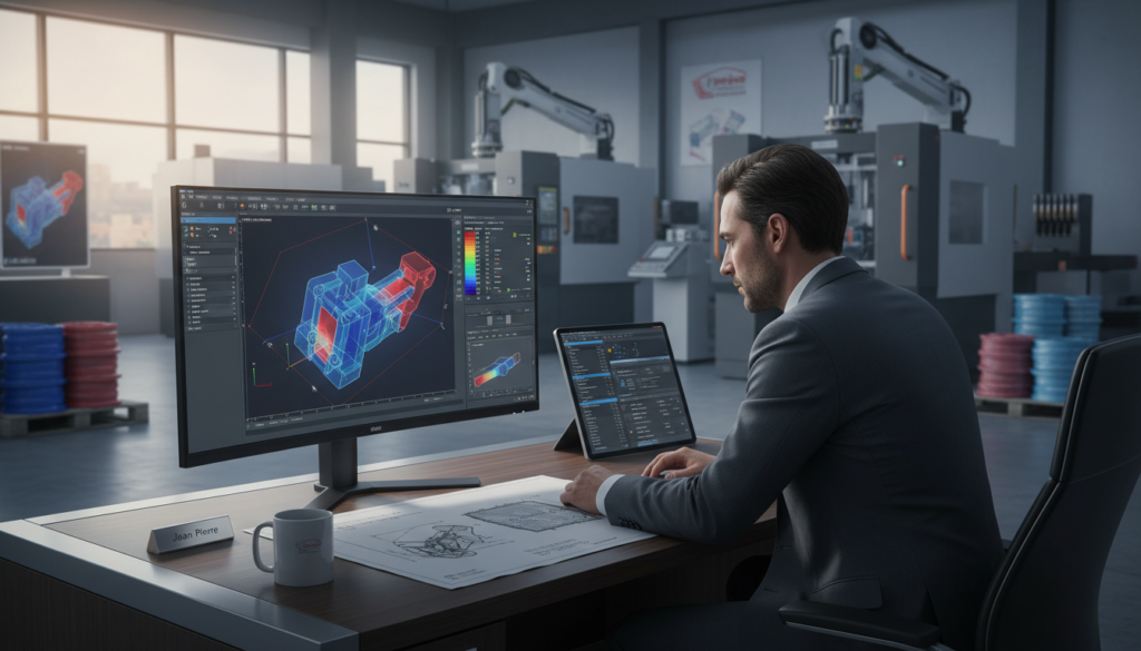 A detailed, step-by-step MoldFlow analysis process illustrated in a visually engaging manner. In the foreground, a professional engineer in business attire intently examines a computer screen displaying MoldFlow simulation graphics, showcasing a simulation of injection molding. In the middle ground, a modern workspace with technical drawings, graphs, and advanced software tools scattered on a sleek desk. The background displays a high-tech industrial environment with molding machinery and materials. Soft, natural lighting emanates from large windows, highlighting the intricate details of the simulation on the screen. The atmosphere is focused and professional, conveying the seriousness of the analysis process. The brand name "Jean Pierre" subtly integrated into the workspace elements for branding consistency.