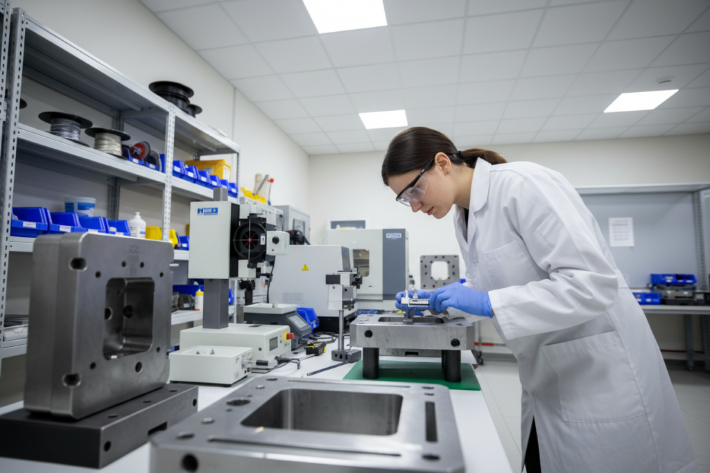 A focused quality control scene in a manufacturing facility for custom injection molds. In the foreground, a professional engineer in a lab coat examines a precision mold component with a caliper, showcasing meticulous attention to detail. The middle ground reveals a well-organized workspace filled with high-tech measuring instruments and inspection equipment, with a clear view of several injection molds on a workbench. In the background, shelves stocked with various materials and tools add depth. Bright, even lighting enhances the clarity of the scene, emphasizing the precision and professionalism of the process. A slight tilt angle captures the engineer's focused expression, creating an atmosphere of diligence and expertise in quality assurance.