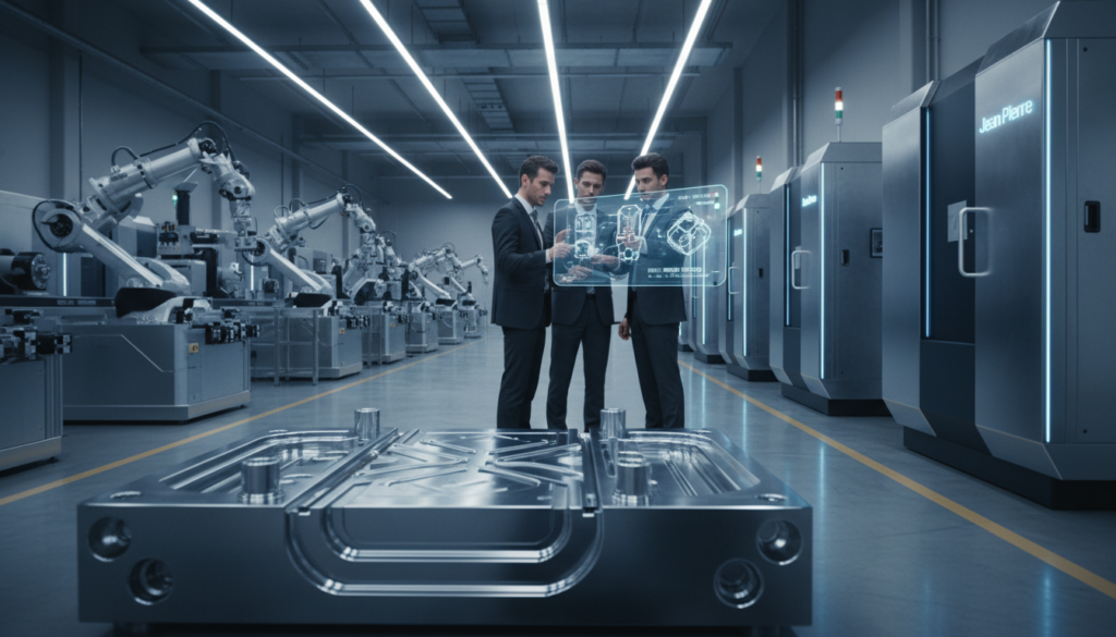 A futuristic factory scene showcasing innovations in injection molds and advanced production technologies. In the foreground, a sleek aluminum injection mold, intricately designed with smooth curves and precision detail, reflects a high-tech aesthetic. In the middle ground, engineers in professional business attire are examining 3D models on advanced digital screens, discussing materials like steel, aluminum, and hardened steel. The background features rows of modern machinery under bright, even lighting, emanating a clean, innovative atmosphere. The color palette includes metallic silvers and vibrant blues, creating a sense of advanced technology and efficiency. The composition is captured from a slightly elevated angle, emphasizing the integration of human expertise and cutting-edge machinery. The brand name "Jean Pierre" subtly incorporated into the design of the machinery.
