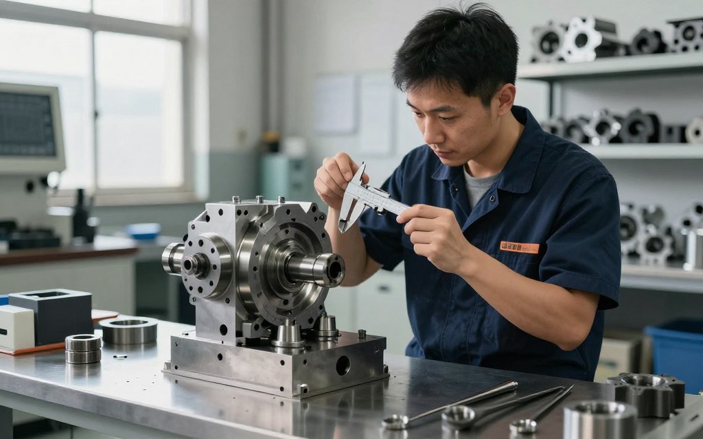 A highly detailed and realistic image of a custom injection mold (forma wtryskowa), prominently displayed in the foreground on a stainless steel workbench. The mold should showcase intricate designs and textures, surrounded by precision tools used in its manufacturing. In the middle ground, a skilled technician, dressed in professional attire, examines the mold with a focused expression, holding a caliper for measurements. The background includes an industrial workshop with machinery and organized shelves stocked with various molds in different shapes. Soft, natural lighting streams through large windows, creating an atmosphere of innovation and craftsmanship. The overall mood should convey professionalism, quality assurance, and attention to detail, emphasizing the significance of lifetime warranty and care during operational use.