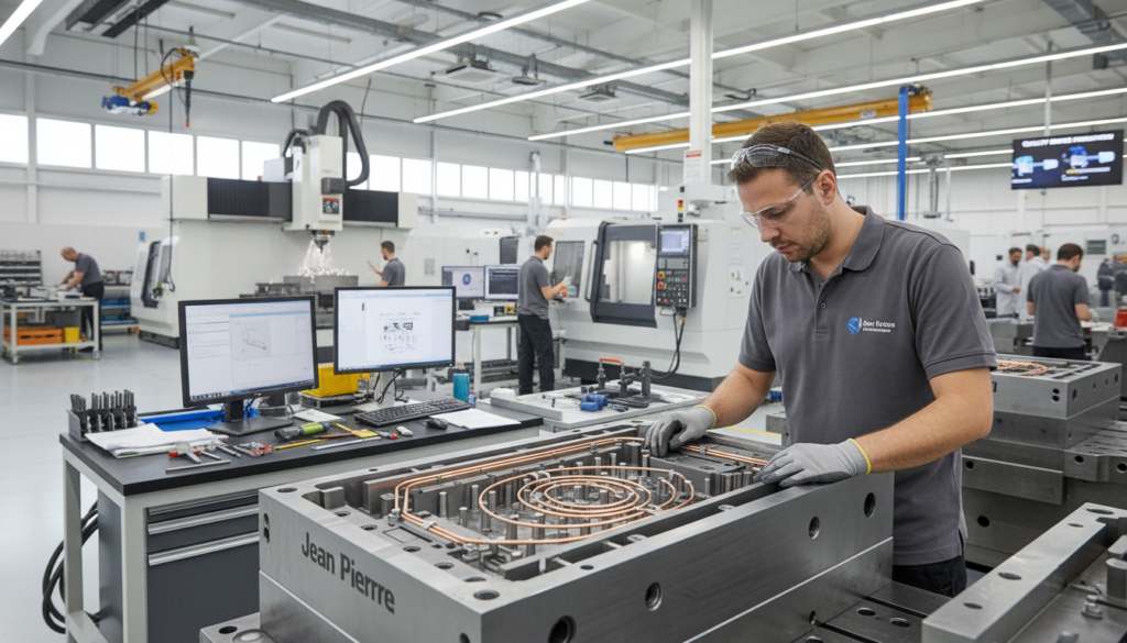 A highly detailed and technical scene depicting the challenges of manufacturing automotive injection molds. In the foreground, a skilled technician in professional attire inspects a complex mold, with intricate details visible, such as cooling channels and ejection mechanisms. In the middle ground, there are advanced machinery and tools used for mold production, emphasized by blueprints and specifications spread across a workbench. The background reveals a modern factory setting with large machinery and employees collaborating, all bathed in bright white lighting to create a clean and organized environment. The atmosphere conveys a sense of innovation and precision, highlighting the importance of best practices in the automotive industry. The brand name "Jean Pierre" is subtly incorporated into the design of the molds, emphasizing quality and craftsmanship.