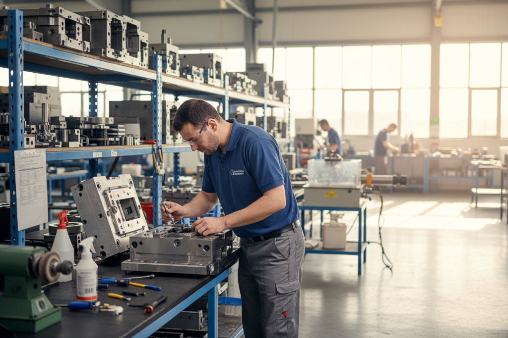 A highly detailed image of an industrial workshop showcasing the maintenance of injection molds. In the foreground, a technician in professional attire examines a large, intricate injection mold, using tools to inspect its precision. In the middle ground, shelves filled with various mold parts and maintenance equipment, such as polishing machines and cleaning supplies, illustrate the care taken in the process. The background features a well-lit workshop with large windows, allowing natural light to flood in, enhancing the chrome and metallic textures of the molds. The atmosphere is focused and industrious, capturing the essence of precision engineering and upkeep in a manufacturing environment, with a soft focus to emphasize the mold and technician.