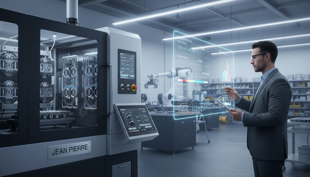 A highly detailed, technical illustration of injection mold optimization for multi-cavity molds. Foreground features a sleek, modern injection molding machine, with clear indications of its adjustable parameters. Multiple cavity molds are showcased, highlighting the intricacies of their design. In the middle ground, an engineer in professional attire analyzes data on a tablet, focused on key metrics displayed on a screen. The background consists of a well-lit production facility, with tools and machinery that suggest a bustling, efficient workshop environment. The overall mood is one of precision and innovation, with bright, clean lighting illuminating the scene, accentuating the high-tech nature of the work. The brand name "Jean Pierre" is subtly integrated into the design elements on the machine.