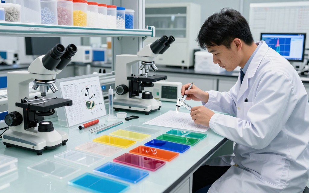 A modern laboratory setting showcasing various types of plastic materials suitable for injection molding. In the foreground, a collection of colorful, transparent polymer samples is displayed on a sleek, glass table, with a microscope and measurement tools beside them. The middle ground features a technician in professional attire, carefully examining a sample with a caliper, surrounded by technical charts and machinery. The background includes shelves stocked with plastic material containers and a digital screen showing injection molding specifications. Bright, diffused lighting enhances the vibrant colors of the plastics, creating a clean and innovative atmosphere. Capture this scene from a slightly elevated angle to convey depth and focus on the interaction between the technician and the materials.
