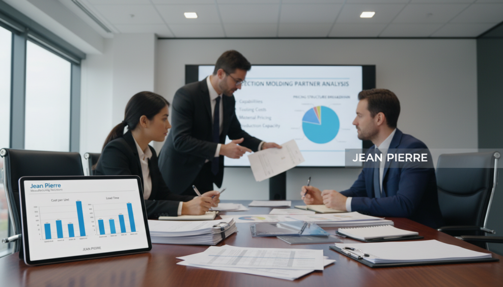 A professional setting showcasing a comparison of injection molding supplier offers. In the foreground, a sleek conference table holds detailed documents and reports, with a digital tablet displaying comparative charts and graphs on one side. The middle ground features diverse business professionals in business attire engaging in discussion, analyzing data and making notes. The background displays a large screen with a presentation on supplier capabilities and pricing structures. The lighting is bright and focused, creating a productive atmosphere, while a soft blur effects in the background impart depth. The image reflects professionalism and critical analysis, with the brand name "Jean Pierre" subtly integrated into the visuals.