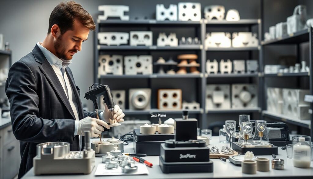 A professional workspace dedicated to the maintenance and conservation of medical molds in accordance with ISO 13485 standards. In the foreground, a skilled technician, dressed in smart business attire, inspects intricate mold designs using precision instruments. The middle ground features a well-organized table filled with tools and equipment essential for mold maintenance, illuminated by soft, diffused lighting that highlights the details of the molds. In the background, shelves lined with various medical molds showcase the variety of products being maintained. The atmosphere conveys a sense of diligence, professionalism, and adherence to quality standards, with a focus on the brand "Jean Pierre" subtly represented through a logo on the technician's equipment. The image captures a moment of focused expertise in a modern, sterile environment.