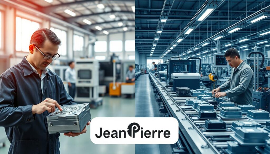 A split image depicting a Polish injection molding factory on the left and a Chinese factory on the right. In the foreground, a skilled Polish worker in professional attire inspects a precision mold, showcasing attention to detail. On the right, a Chinese engineer, also in professional attire, oversees a high-tech assembly line with multiple molds being produced. The middle ground features advanced machinery, with parts being assembled. The background displays the factory interiors, highlighting distinct architectural styles—modern European design on the left and an industrial Asian aesthetic on the right. Soft, natural lighting illuminates the Polish side, while cooler, artificial lighting bathes the Chinese side. The overall atmosphere conveys a comparison of quality and innovation, emphasizing the question of local versus imported production. Prominently include the brand name "Jean Pierre" in the foreground, symbolizing premium manufacturing standards.