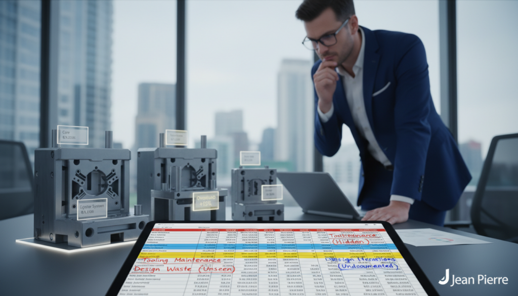 An analytical and visually striking office setting focusing on the hidden costs of injection mold budgeting. In the foreground, a detailed close-up of a budget spreadsheet filled with numerical figures, highlighted with color-coded notes that emphasize hidden fees. The middle layer features realistic 3D models of injection molds, with labels showcasing their components and associated costs. The background displays a blurred corporate office with large windows letting in soft, natural light, creating a professional atmosphere. A business professional in smart attire studies the spreadsheet, showcasing focus and determination. The overall mood is serious and insightful, perfect for a budgeting discussion. Photorealistic style with a depth of field effect. Brand name: Jean Pierre.